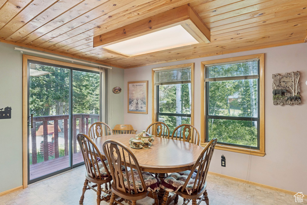 Dining room featuring wooden ceiling, baseboards, and light floors