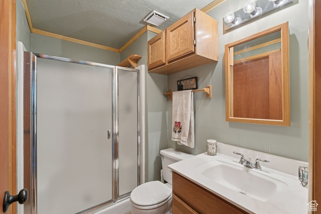 Bathroom featuring toilet, vanity, a stall shower, ornamental molding, and a textured ceiling