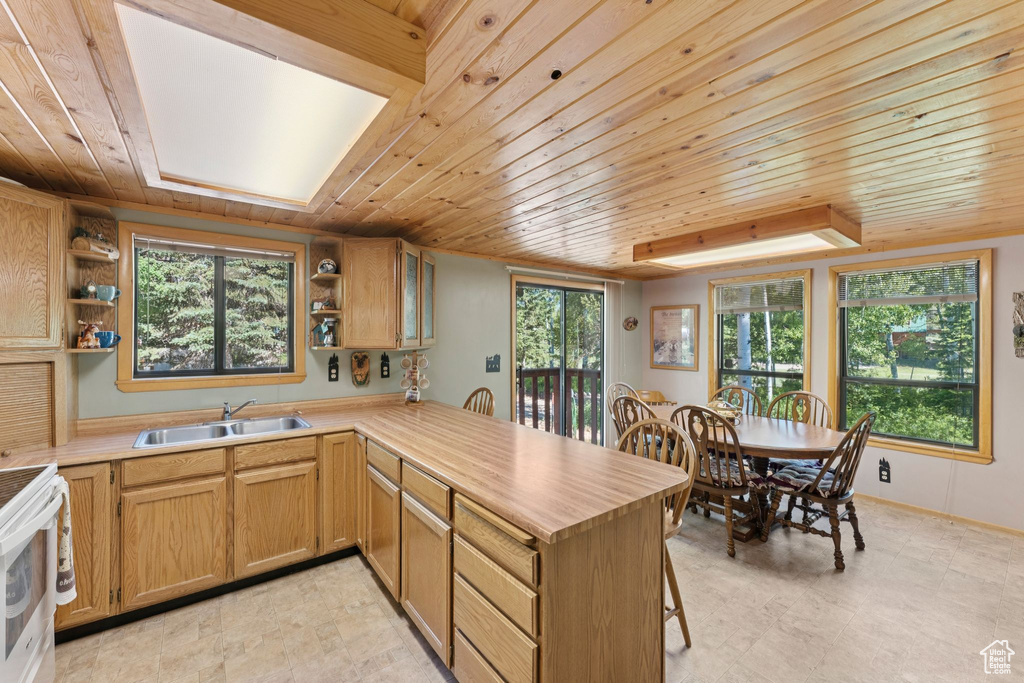 Kitchen with a sink, open shelves, light countertops, a peninsula, and white stove