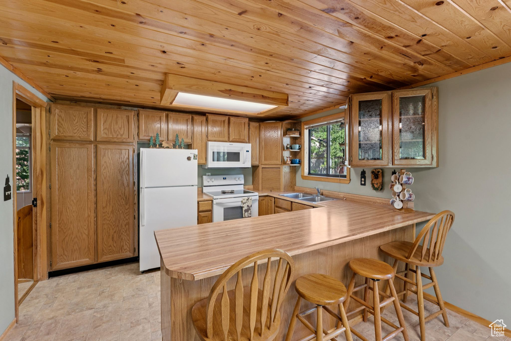Kitchen with white appliances, a peninsula, wooden ceiling, a sink, and a breakfast bar area