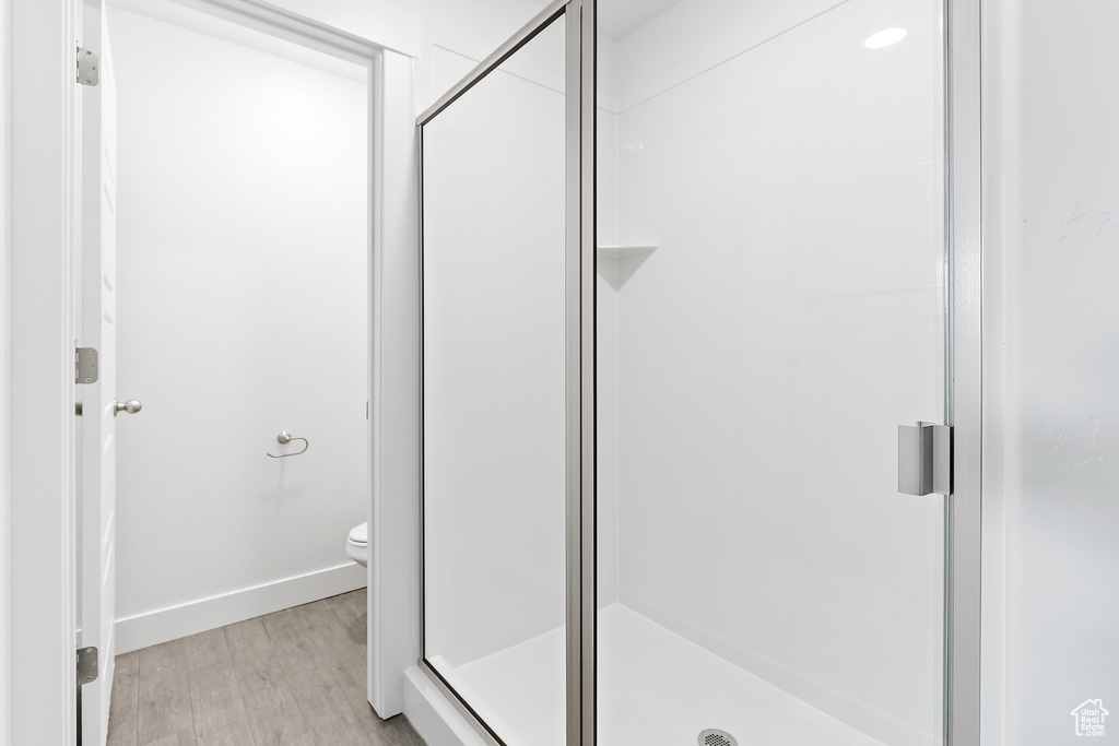 Bathroom with wood finished floors and a shower stall