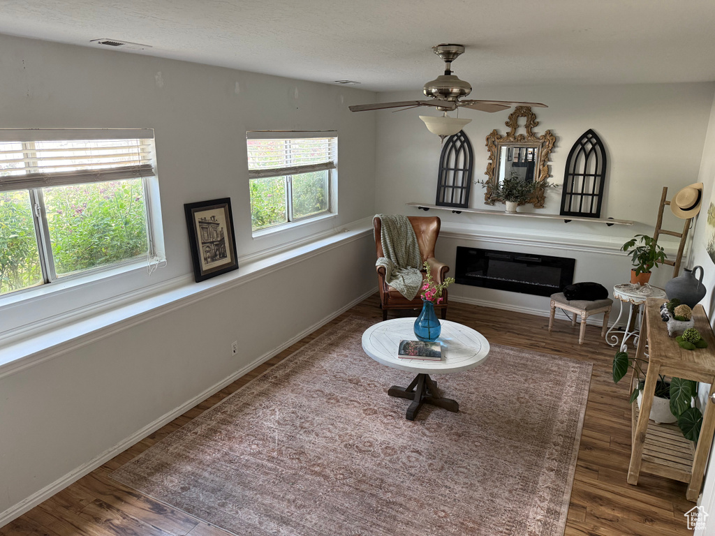 Sitting room with wood finished floors, a glass covered fireplace, and a ceiling fan
