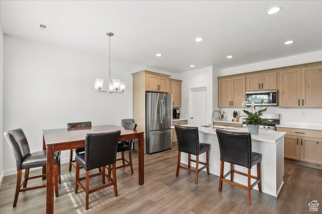 Kitchen with stainless steel appliances, light countertops, a chandelier, recessed lighting, and dark wood-style flooring