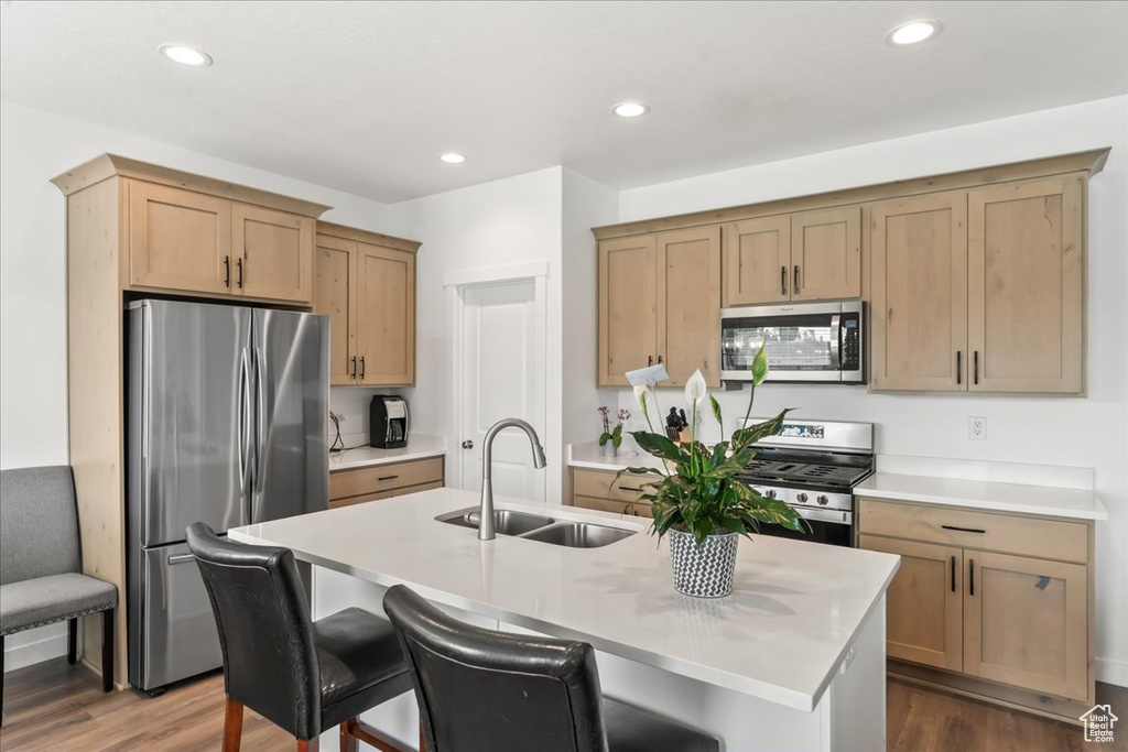 Kitchen featuring stainless steel appliances, dark wood-type flooring, light countertops, a center island with sink, and recessed lighting