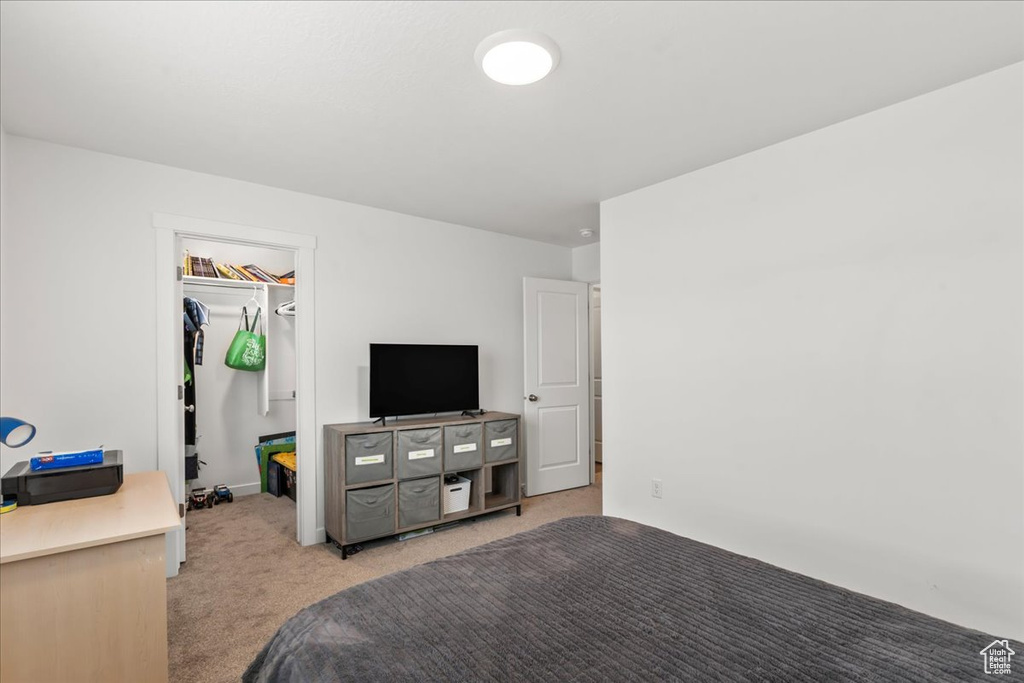 Bedroom featuring light carpet, a spacious closet, and a closet