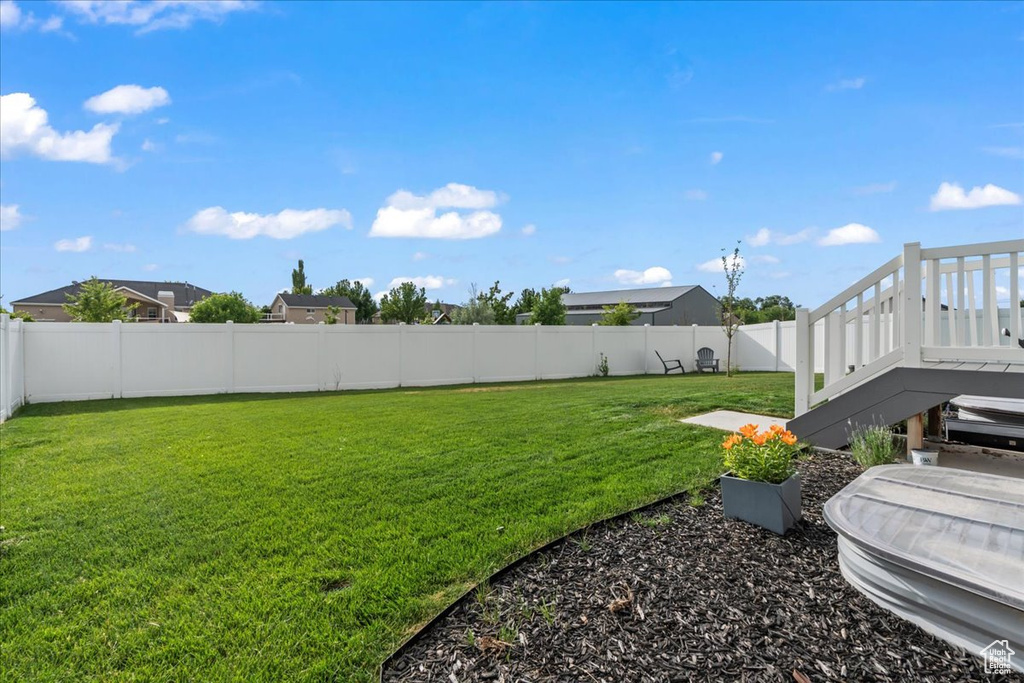 Fenced backyard with a deck