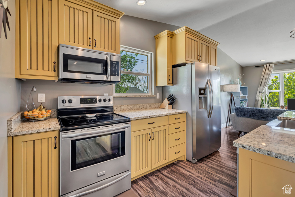 Kitchen featuring appliances with stainless steel finishes, dark wood-type flooring, cream cabinetry, recessed lighting, and light stone countertops