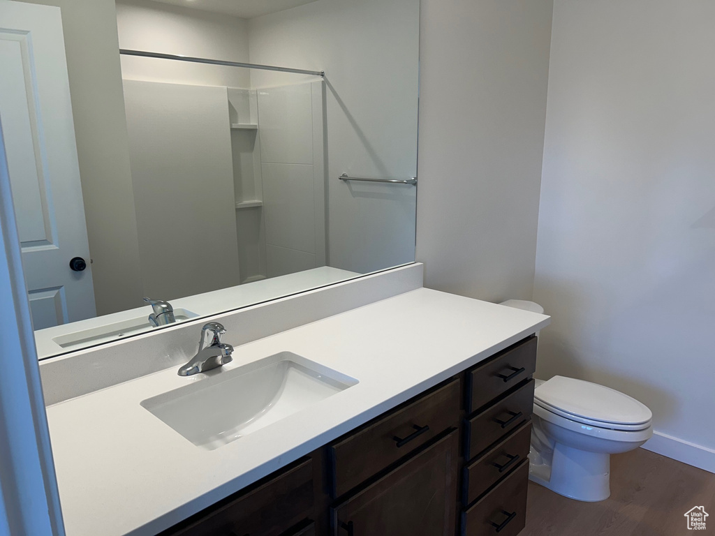 Bathroom featuring vanity, wood finished floors, and a shower