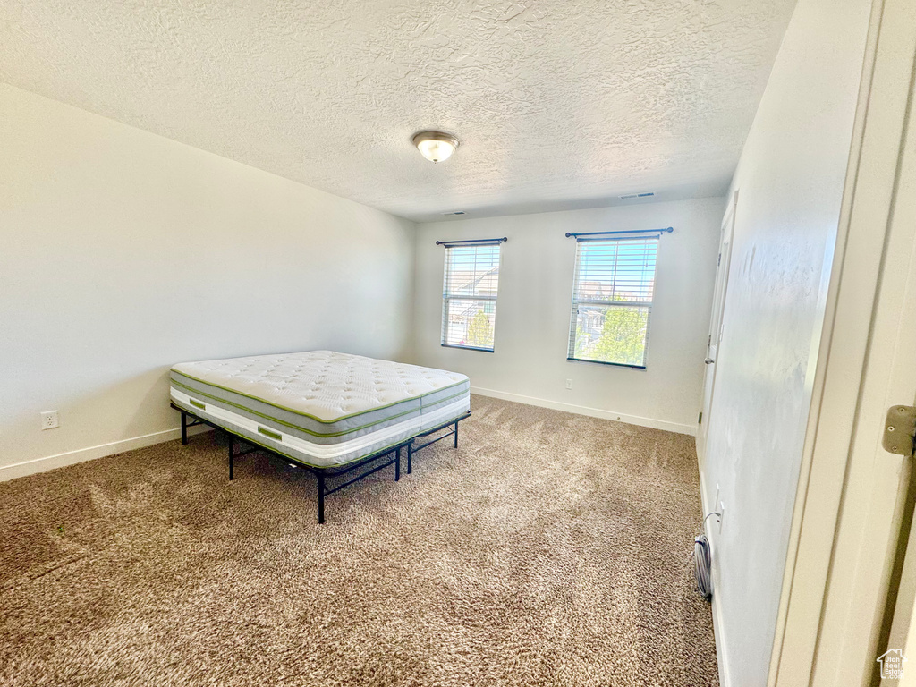 Carpeted bedroom featuring a textured ceiling