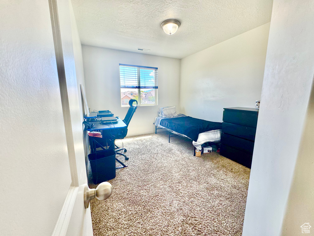 Carpeted bedroom with a textured ceiling