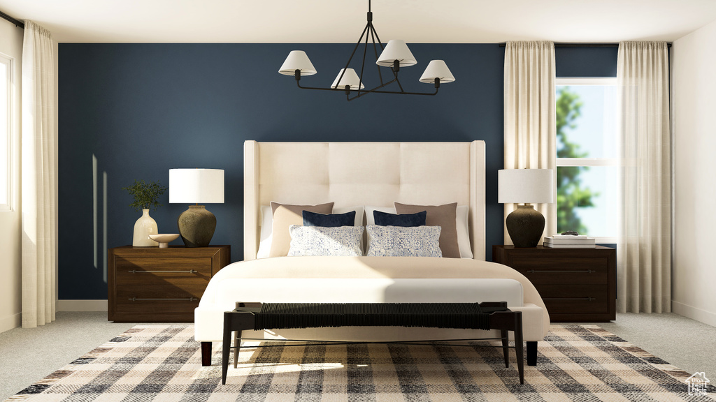 Bedroom with carpet and a chandelier