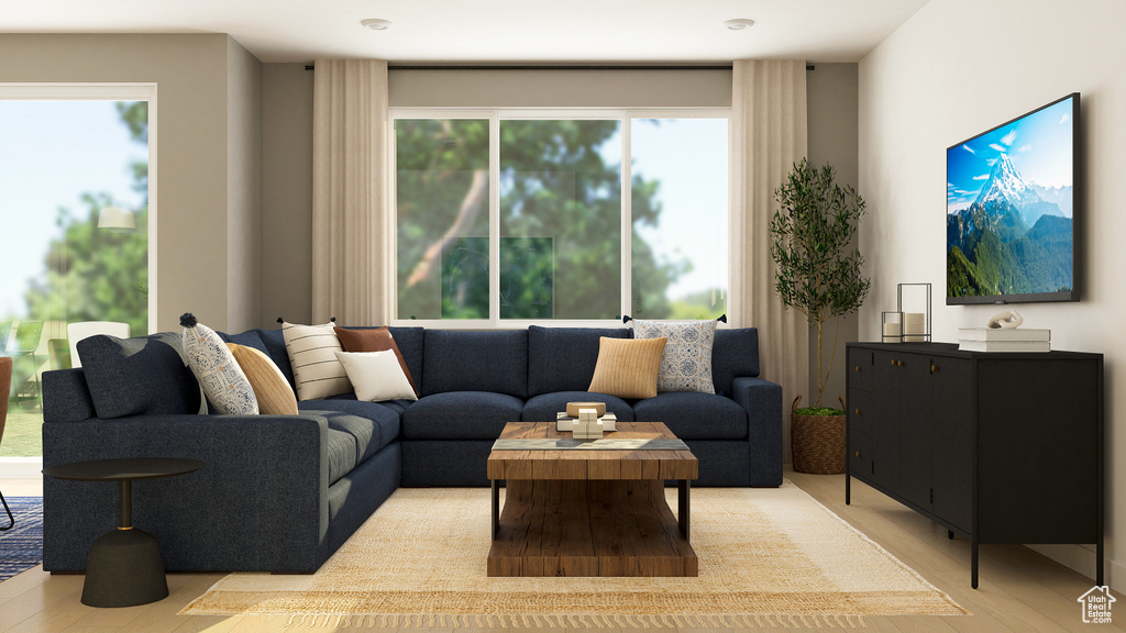 Living room featuring healthy amount of natural light and light wood finished floors