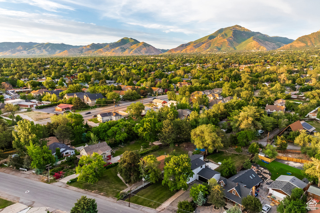 Aerial perspective of suburban area featuring mountains