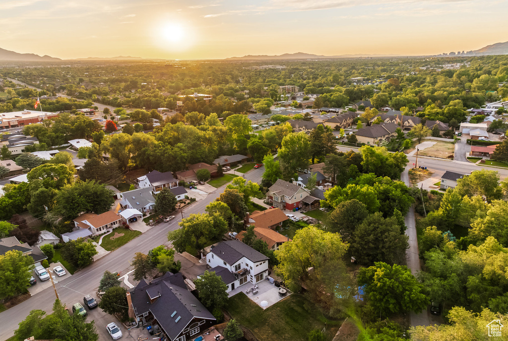 Aerial view at dusk of a mountain view and a residential view