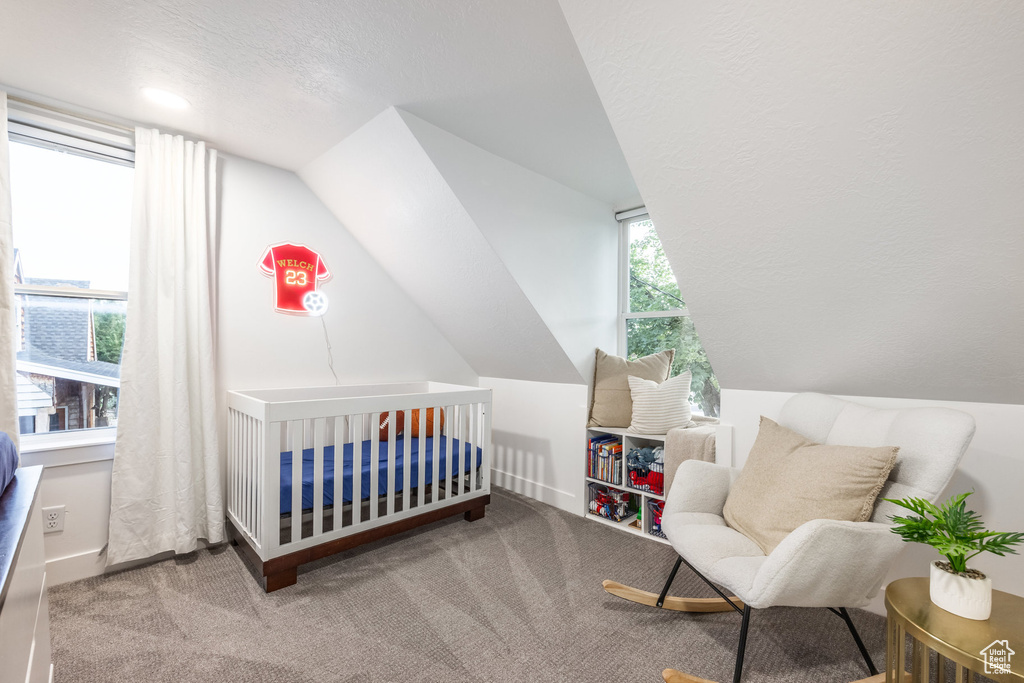 Bedroom featuring lofted ceiling, carpet floors, and a nursery area