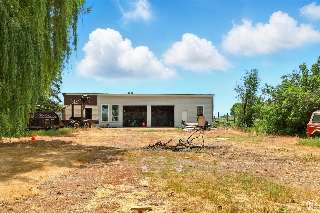 Rear view of property with an outbuilding and a garage