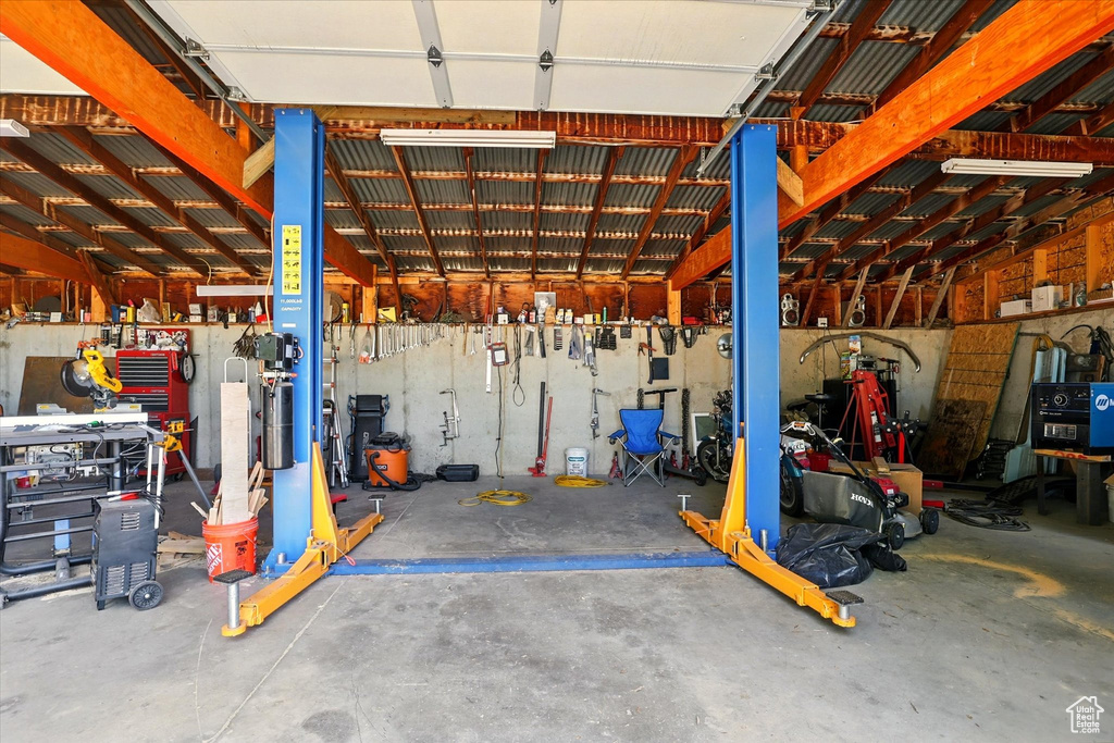 Garage with a workshop area