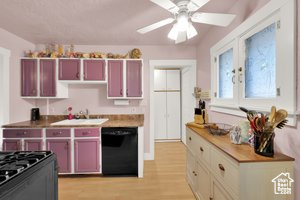 Kitchen with dishwasher, a ceiling fan, and light wood-style flooring