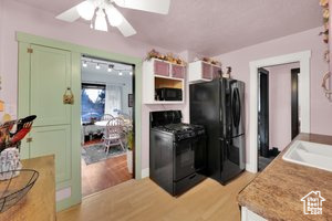 Kitchen with black appliances, green cabinets, a ceiling fan, light wood-type flooring, and light countertops