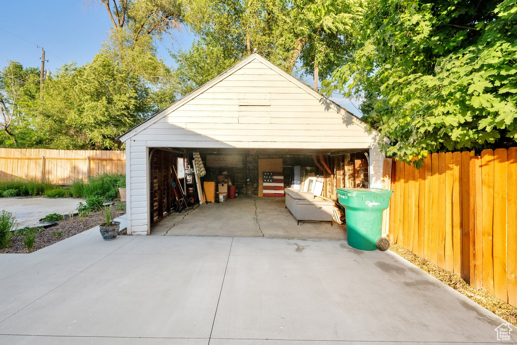 View of detached garage