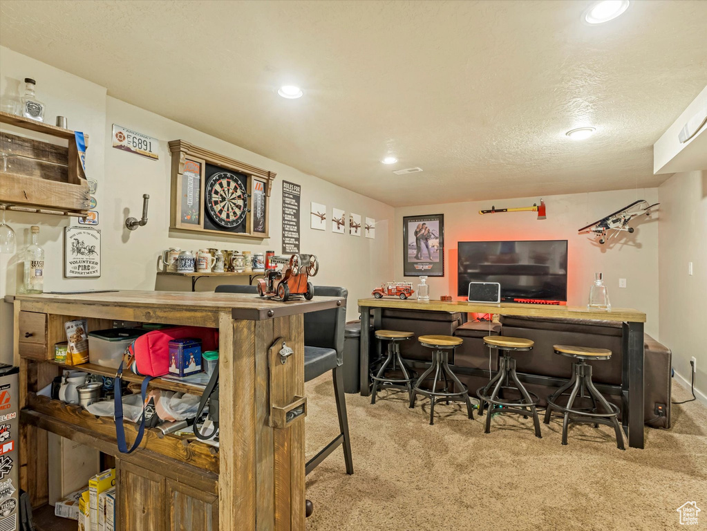 Indoor dry bar featuring carpet and recessed lighting