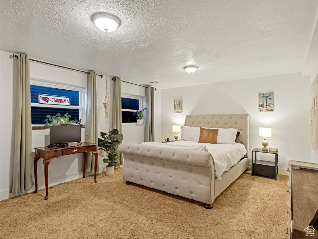 Bedroom featuring light carpet and a textured ceiling