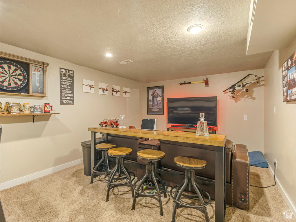 Indoor dry bar featuring carpet floors, a textured ceiling, and recessed lighting