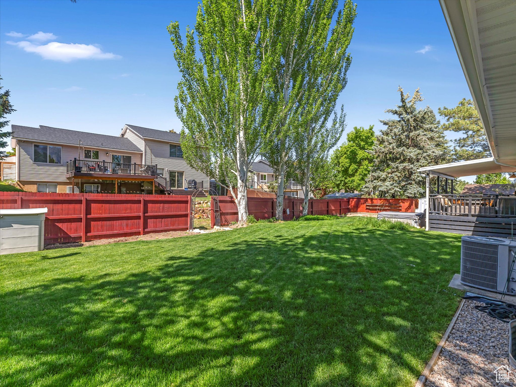 Fenced backyard featuring a wooden deck