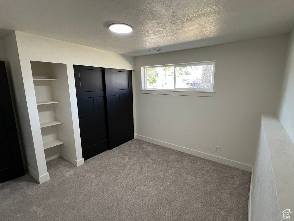 Unfurnished bedroom with light colored carpet, a textured ceiling, and a closet