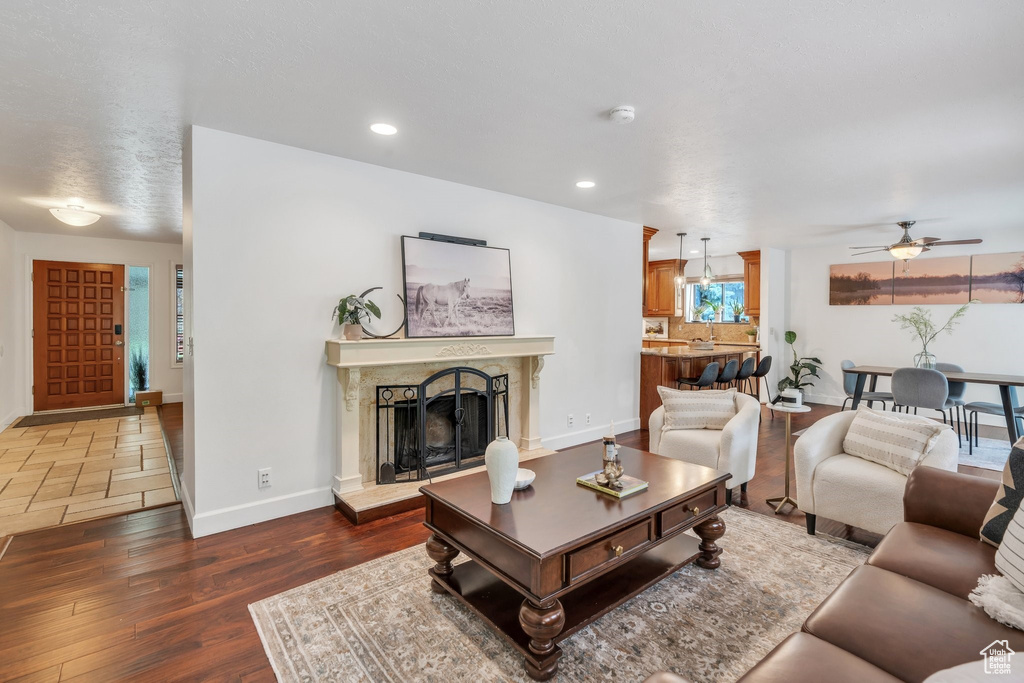 Living area with a ceiling fan, wood finished floors, a premium fireplace, and recessed lighting