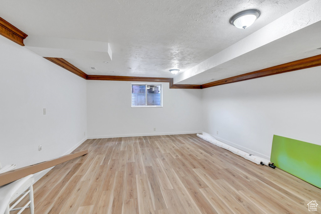 Basement with light wood-type flooring, crown molding, and a textured ceiling