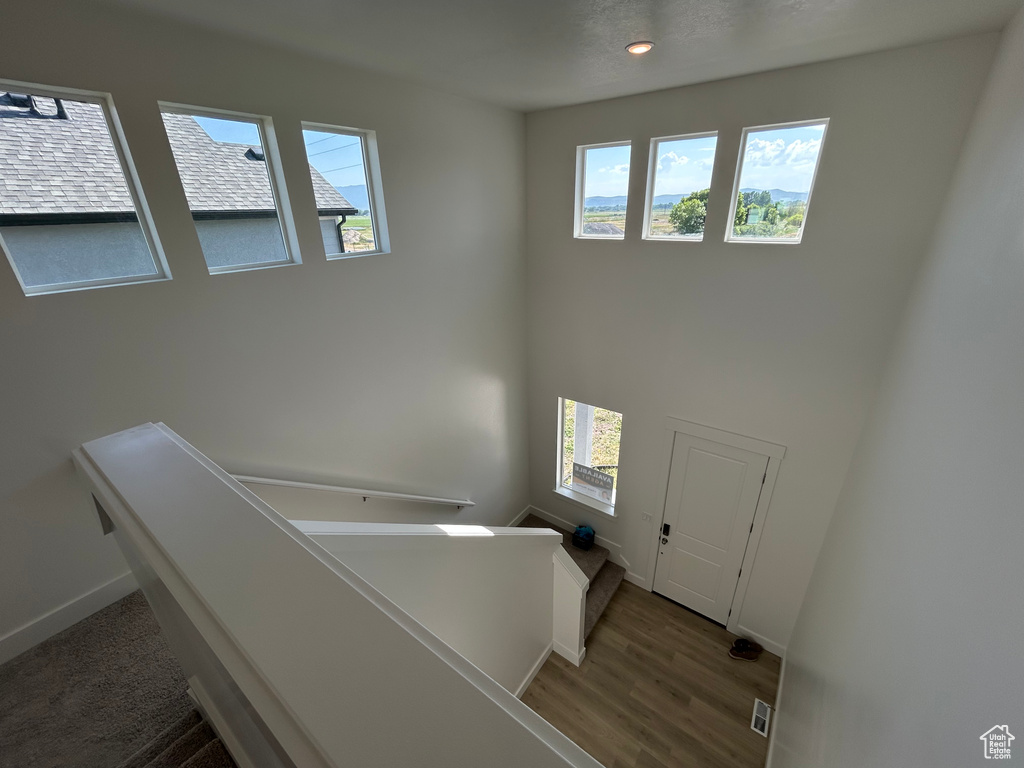 Stairway with healthy amount of natural light, recessed lighting, and wood finished floors