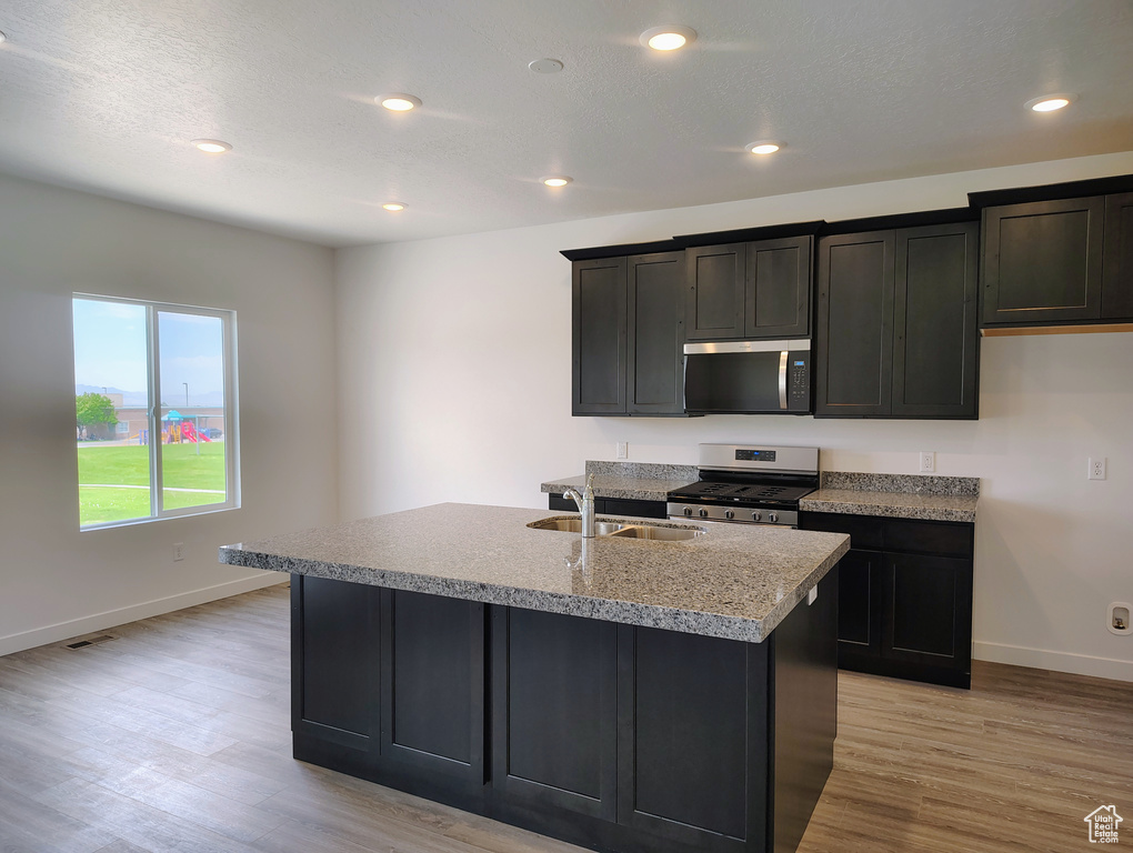 Kitchen with appliances with stainless steel finishes, light wood finished floors, an island with sink, light stone counters, and recessed lighting