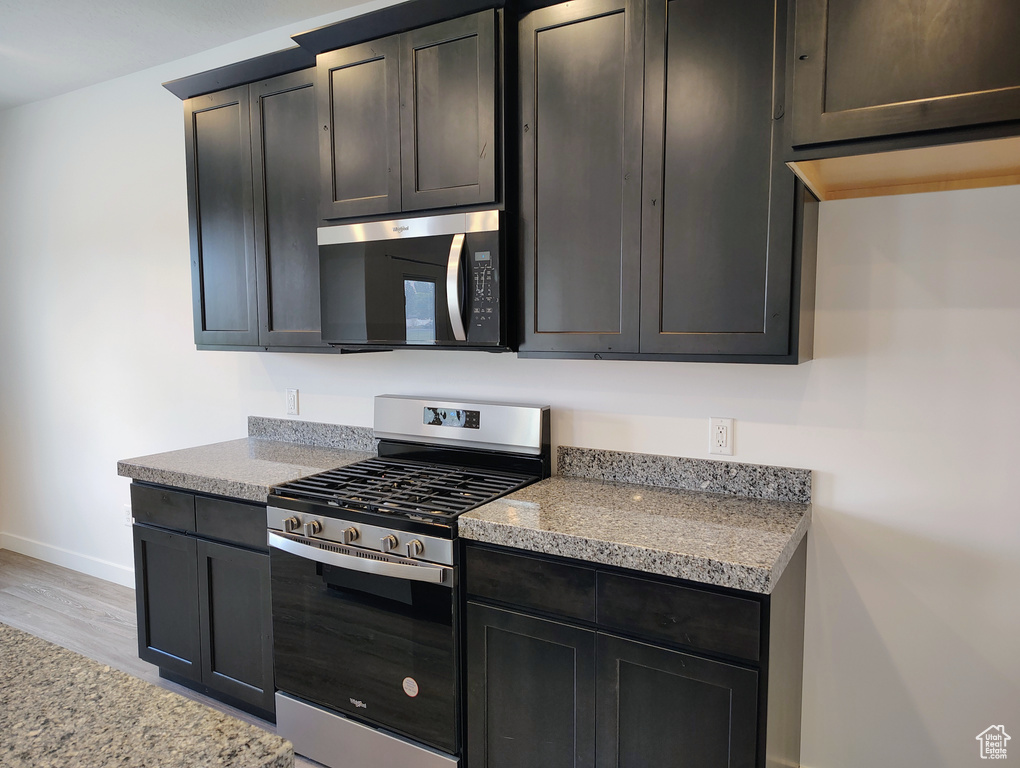Kitchen with stainless steel appliances, light wood-type flooring, and light stone countertops