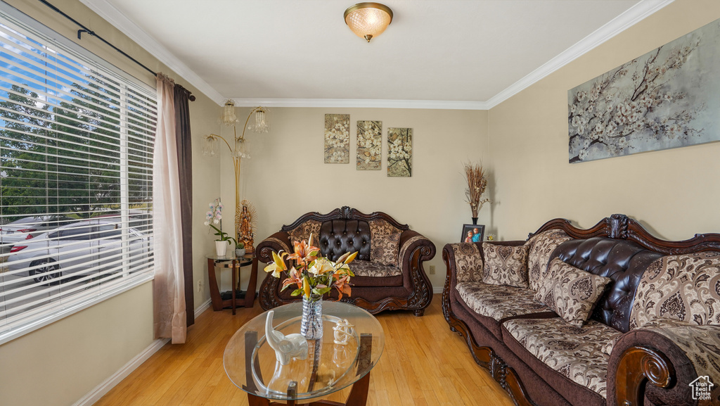 Living area featuring light wood finished floors and crown molding