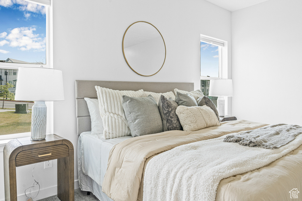 Carpeted bedroom with multiple windows