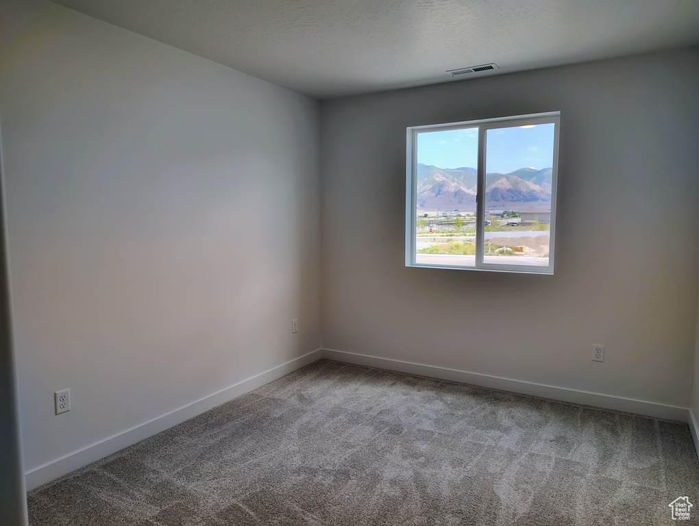 Unfurnished room featuring carpet and a mountain view