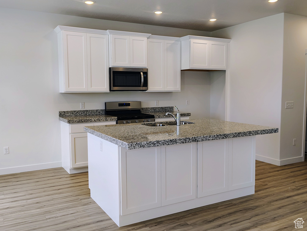Kitchen with stainless steel appliances, recessed lighting, white cabinetry, light wood finished floors, and a kitchen island with sink