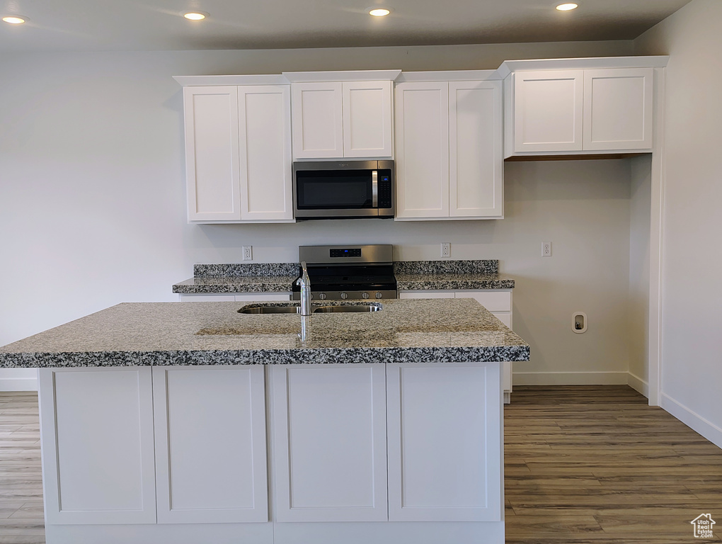 Kitchen with stainless steel appliances, recessed lighting, white cabinetry, wood finished floors, and an island with sink
