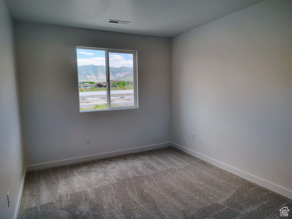 Carpeted empty room with baseboards and a mountain view
