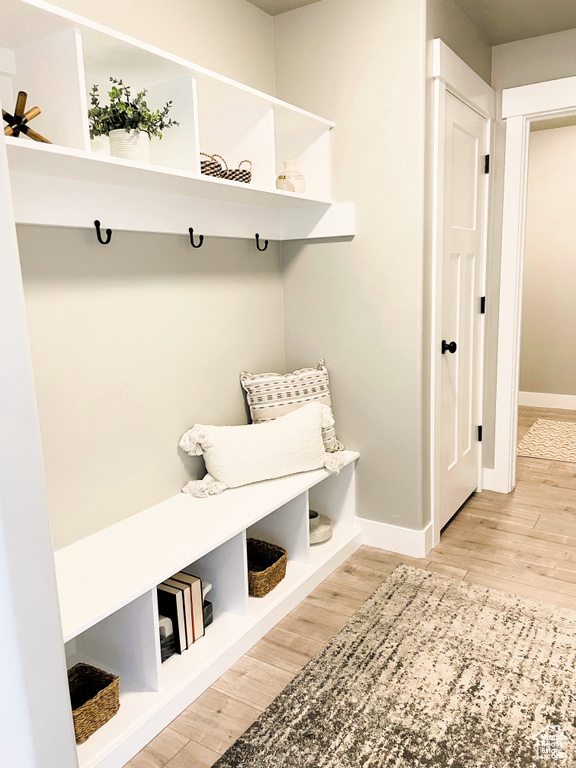 Mudroom with wood finished floors and a ceiling fan