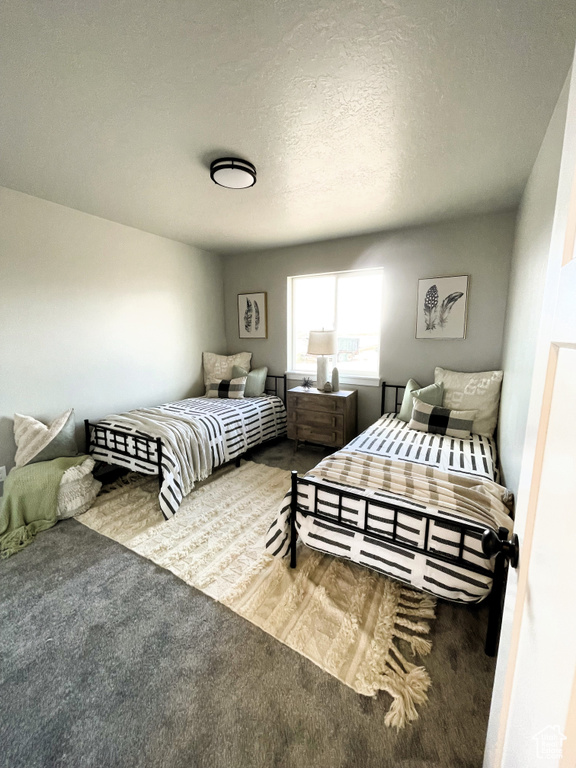 Bedroom featuring carpet flooring and a textured ceiling