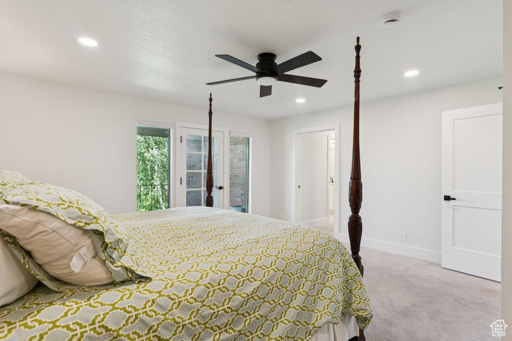 Carpeted bedroom featuring recessed lighting, access to outside, and a ceiling fan