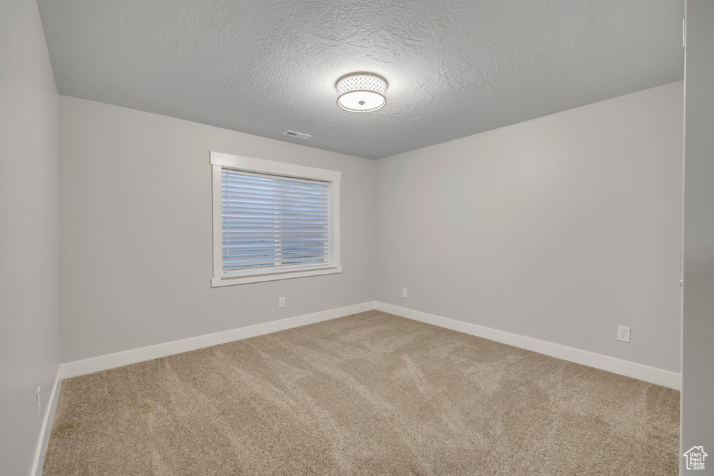 Empty room with carpet and a textured ceiling