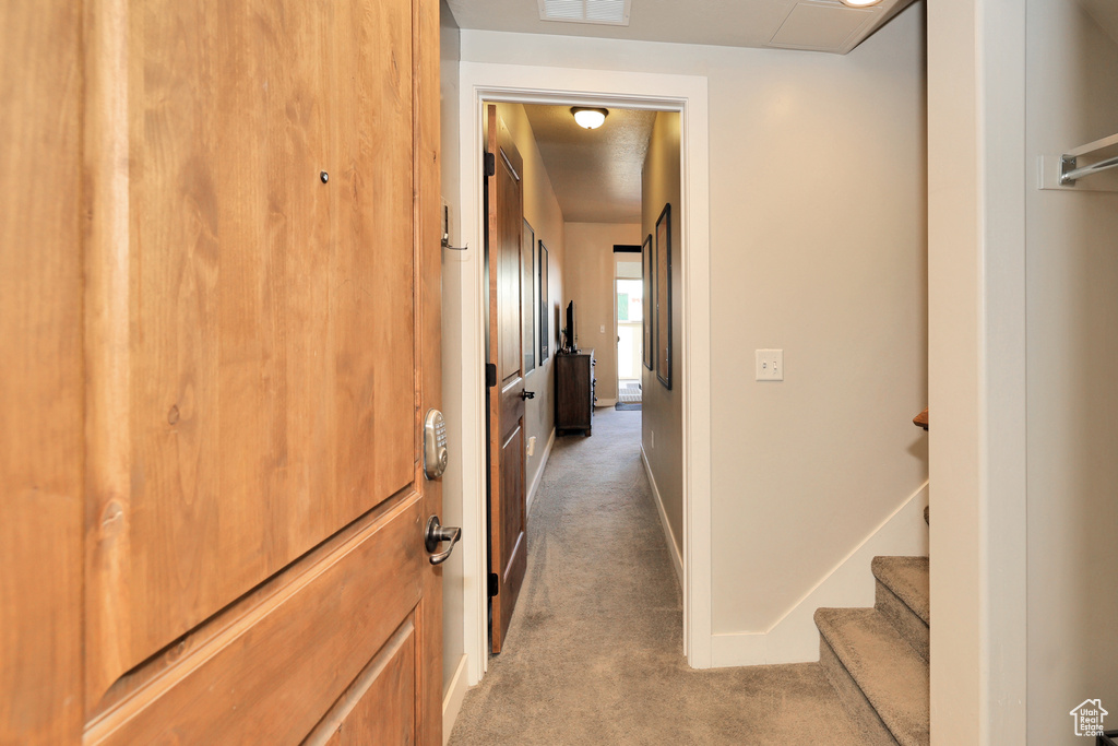 Hall featuring light carpet and baseboards