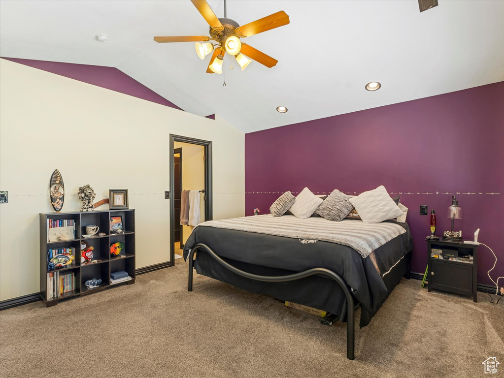 Bedroom featuring vaulted ceiling, carpet floors, recessed lighting, and ceiling fan
