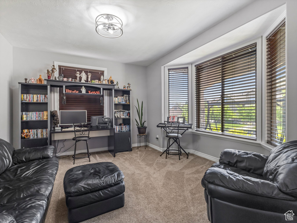 Office area featuring carpet floors and baseboards