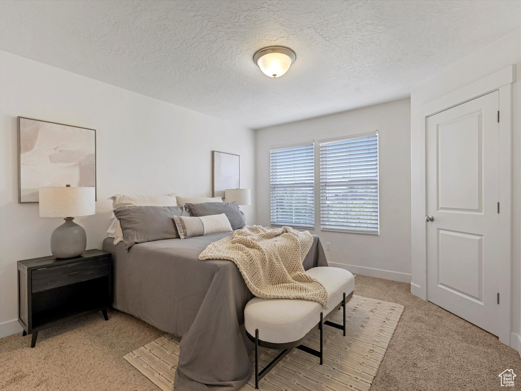 Bedroom featuring light colored carpet and a textured ceiling