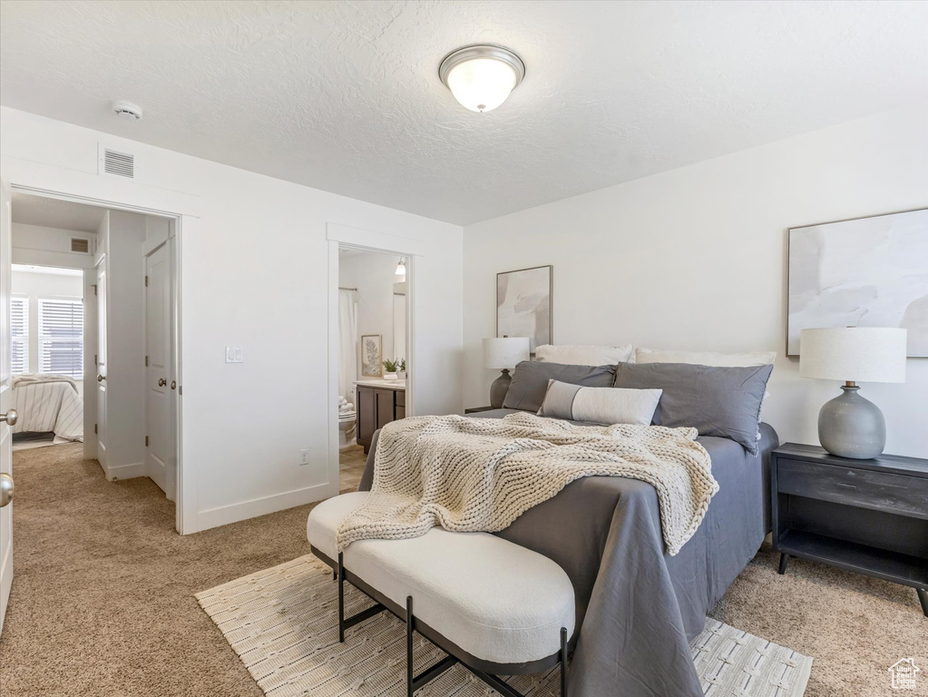 Bedroom featuring light carpet, ensuite bathroom, and a textured ceiling