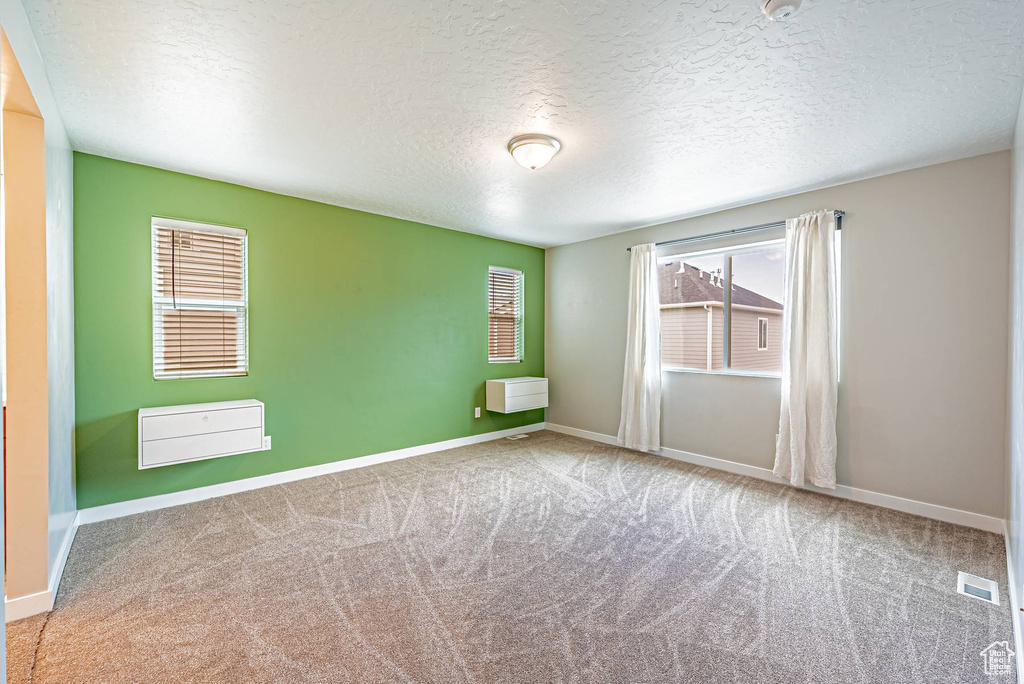Spare room with carpet floors and a textured ceiling